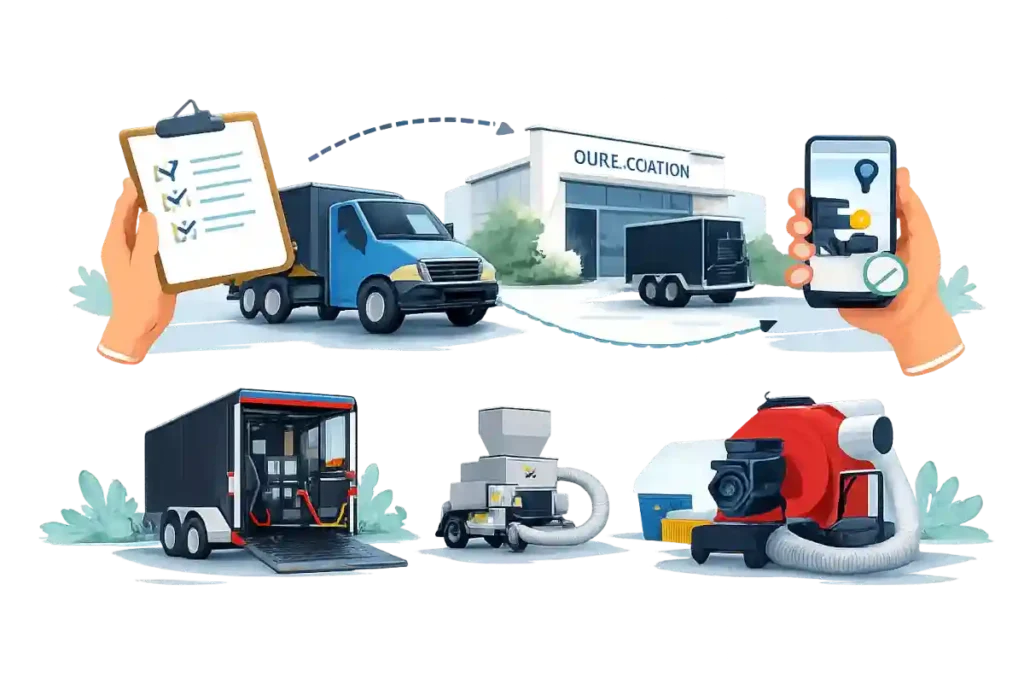 Reserve equipment rental dates and schedule pickup or delivery online.