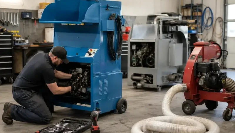 Technician repairing blow-in insulation machines and removal vacuum equipment