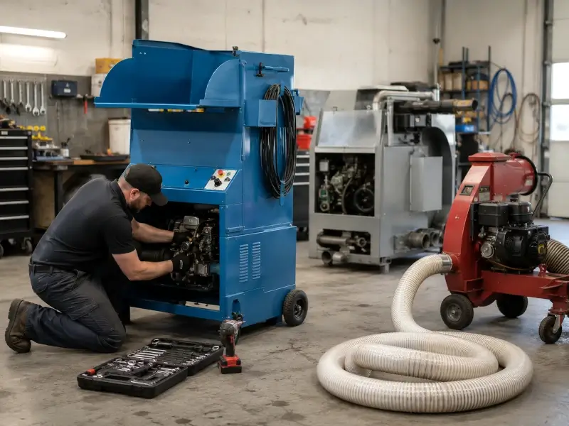 Technician repairing blow-in insulation machines and removal vacuum equipment