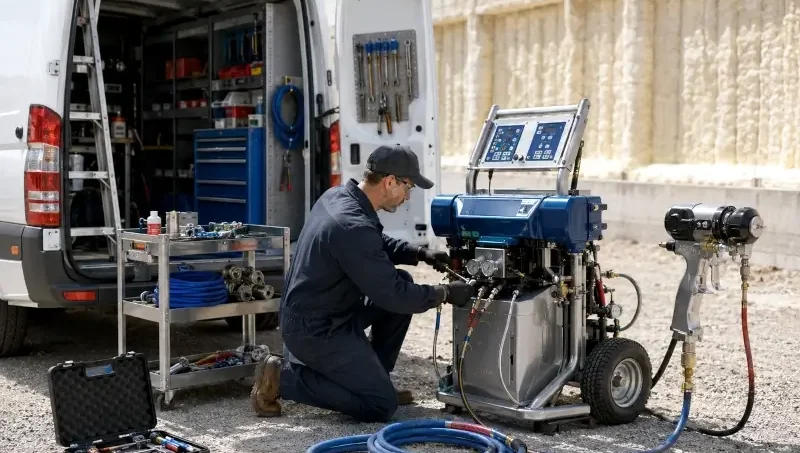 Mobile technician repairing spray foam equipment beside a service vehicle