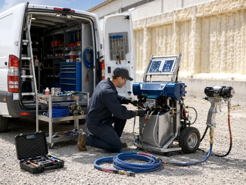 Mobile technician repairing spray foam equipment beside a service vehicle
