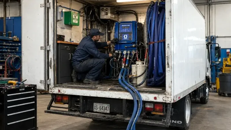 Technician inspecting and repairing a professional spray foam equipment rig