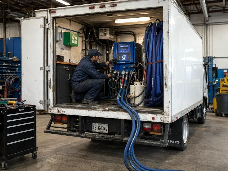 Technician inspecting and repairing a professional spray foam equipment rig