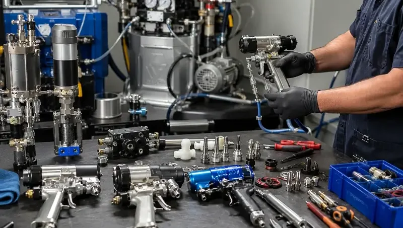 Spray guns, proportioner parts and transfer pump components being serviced
