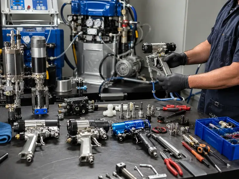 Spray guns, proportioner parts and transfer pump components being serviced